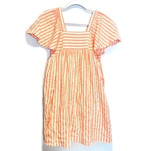 NANOS Girl’s Striped Dress Ruffle Sleeves Neon Pink Peach Button Back